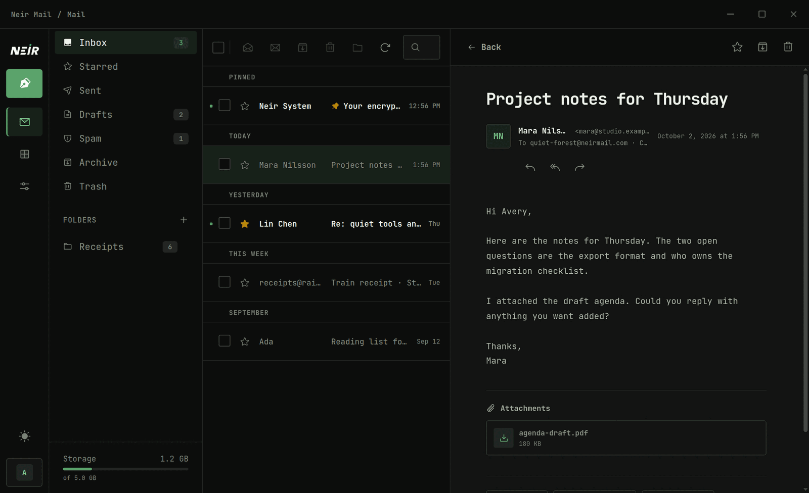 The Neir Mail desktop app showing a fictional preview inbox