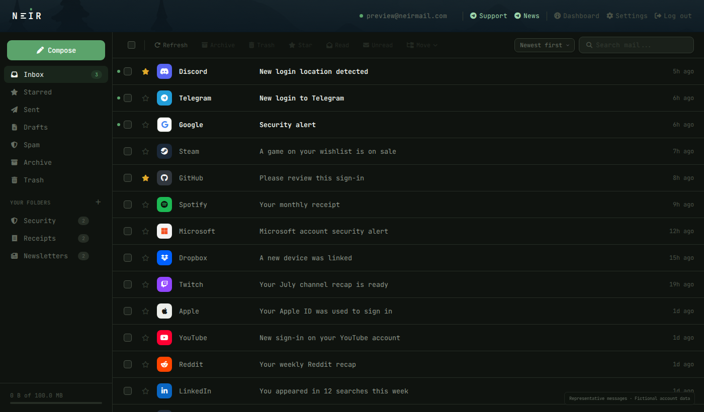 The real Neir webmail interface showing a fictional preview account with platform notifications and custom folders